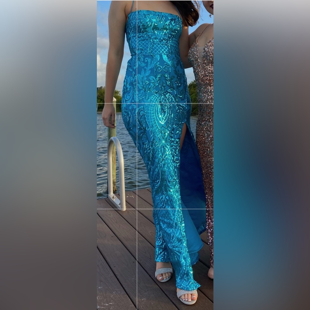 blue sequin prom dress